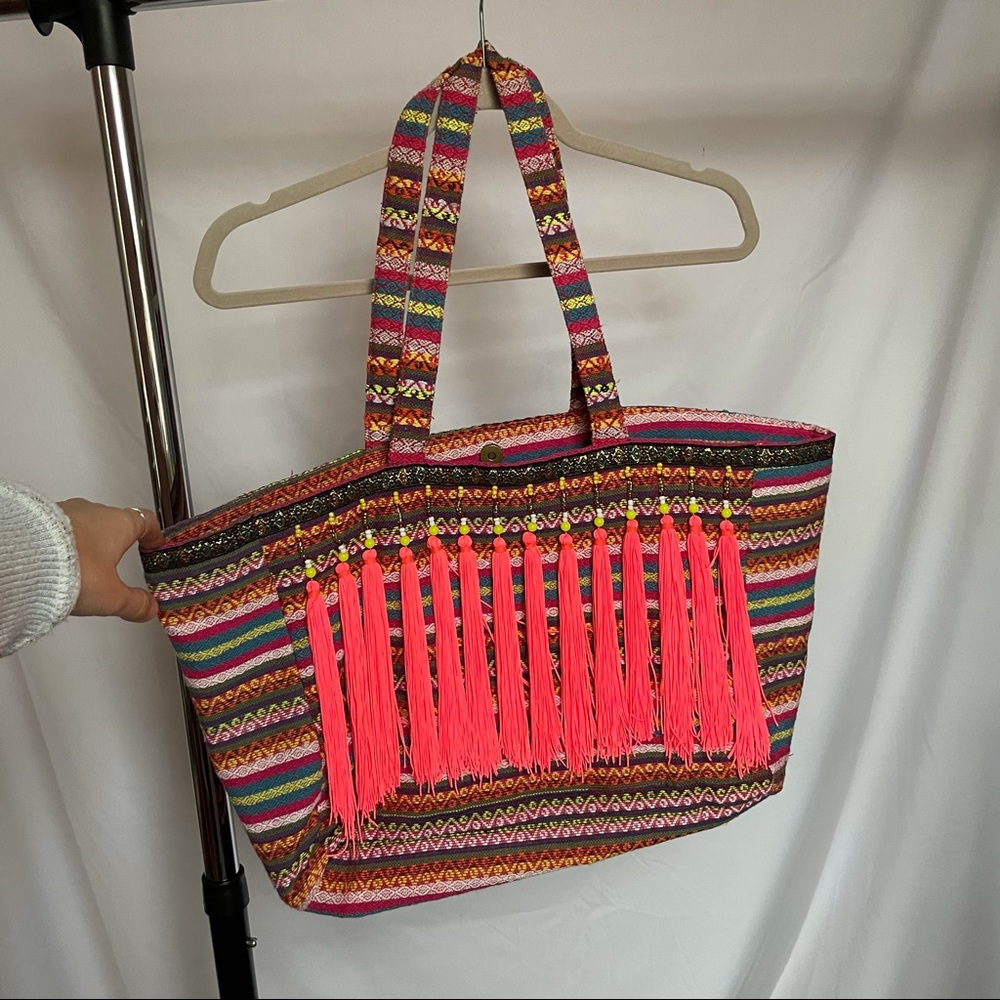 Fringe Canvas Beaded Tote/ Beach Bag